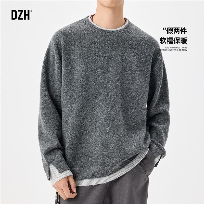 男士灰色假两件毛衣男内搭可外穿打底衫套头针织衫秋冬款2025新款