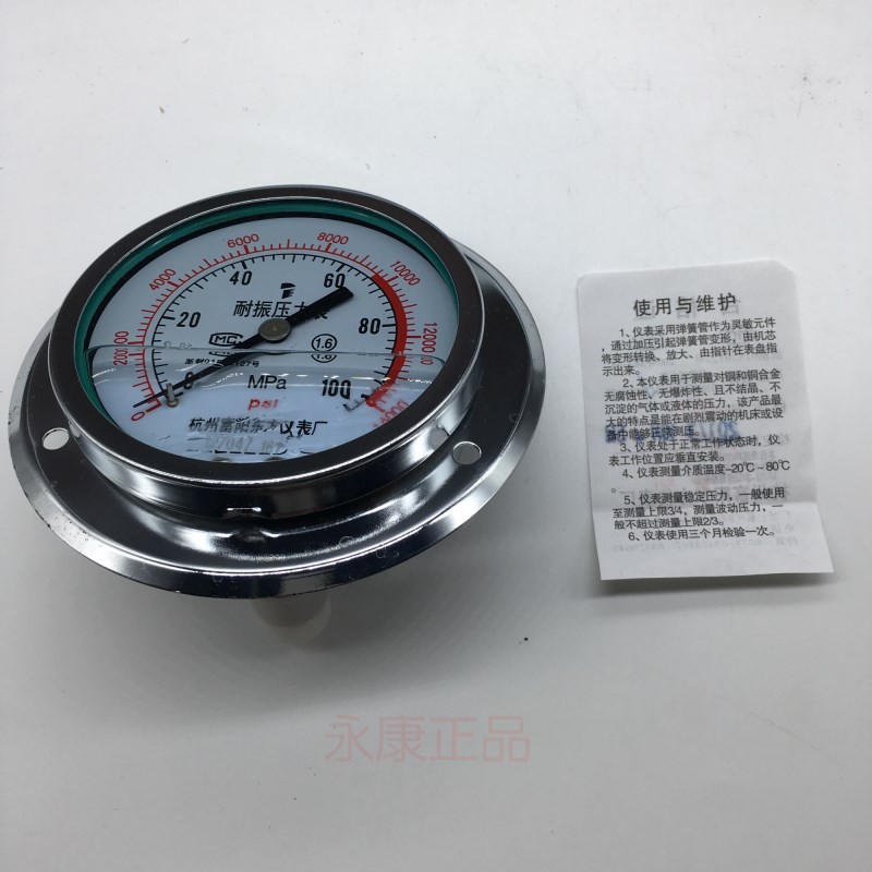 杭州富阳东方仪表YN100ZT轴向带边高压耐震有油压力表规格齐全