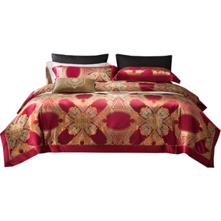 真丝四件套欧式 结婚提花00%桑蚕丝丝滑亲肤大红丝绸婚庆床上用品