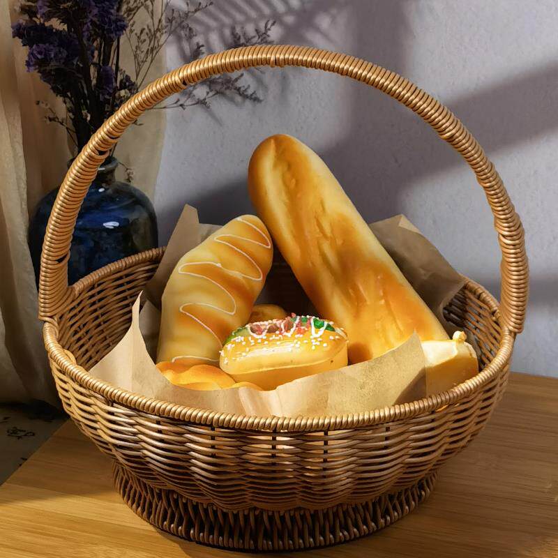 塑料仿藤购物篮野餐篮子买菜洗澡筐圆形提菜篓子编织收纳筐仿藤新