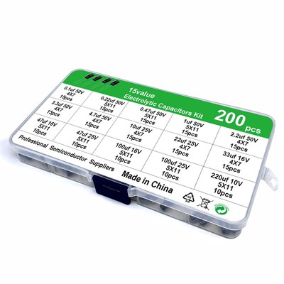 15种规格200个插件0.1uF 50V-220uF 10V电解电容样品盒装 送盒子