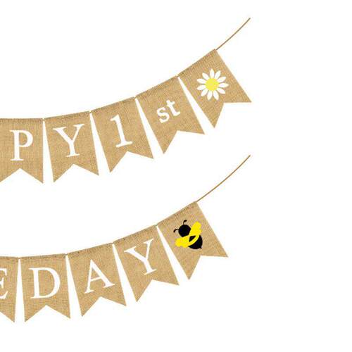 baby shower派对鱼尾旗花朵蜜蜂HAPPY 1st BEEDAY麻布燕尾拉旗