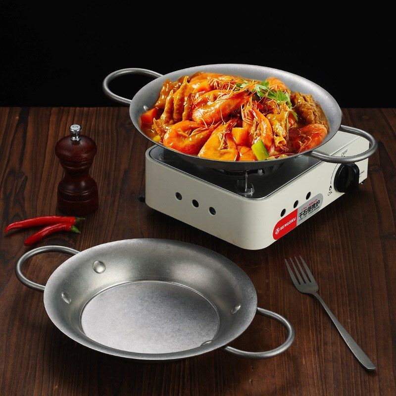 不锈钢干锅平底锅圆形意面盘复古西班牙海鲜锅焗饭锅家用双耳干锅