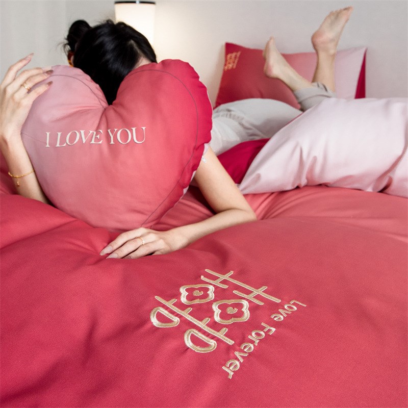 磨毛结婚四件套大红刺绣床单被套南通婚礼床上用品喜庆新婚4件套