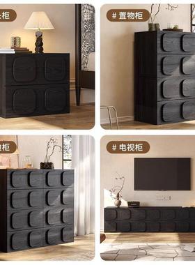 法式中古木斗柜组合客厅沙实发边柜卡收纳储物柜古卧室黑色YKC复
