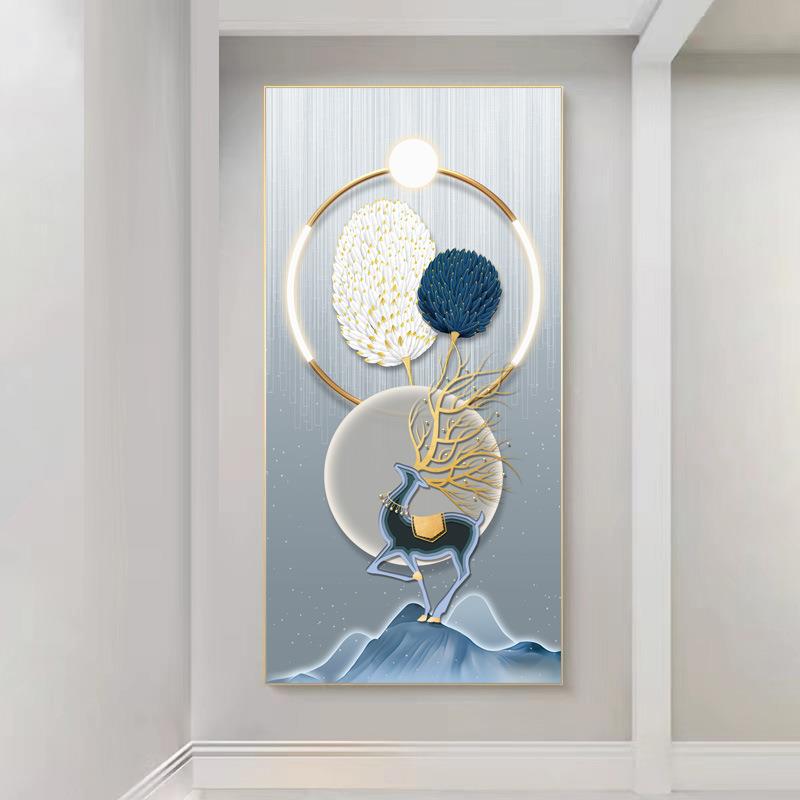 羽毛壁竖画现BAM代抽象几何玄入关装饰画版户正对门挂画廊过道走