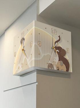 发光大象转壁角双面钟挂创意客48474拐厅免打孔角时钟壁画灯led阳