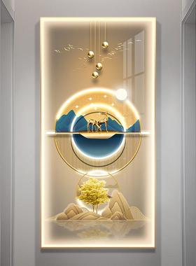 现代轻光奢走廊过道LE灯画47570招麋鹿入户玄财关D装饰画发竖版挂