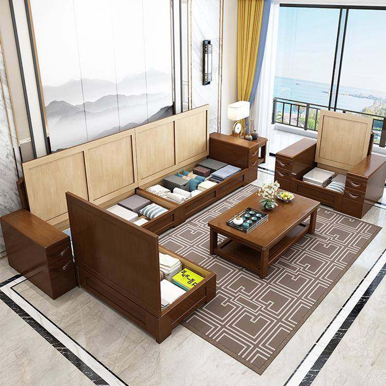 爱杰家木具中式夏冬两用可储物转角沙发客新厅实MZK收纳大师设计