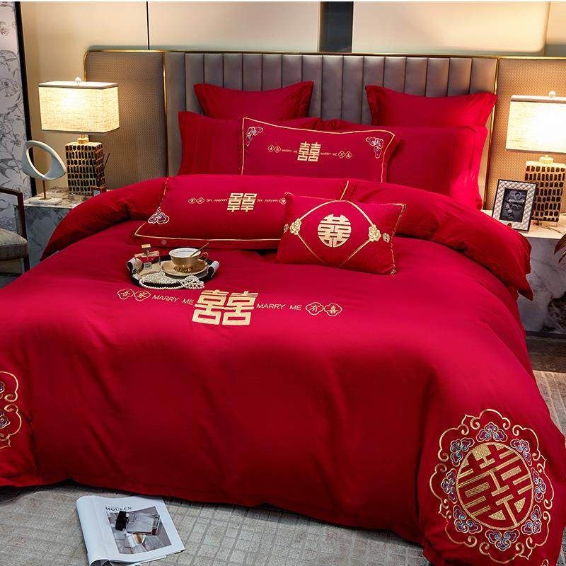婚房CQP中式纯棉龙凤刺绣大红色婚纯上四棉婚件套婚床新庆婚床用