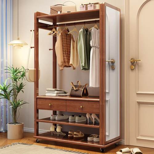 实木穿镜衣落帽衣一体地卧室家用多功能收67777架纳挂衣架全身镜