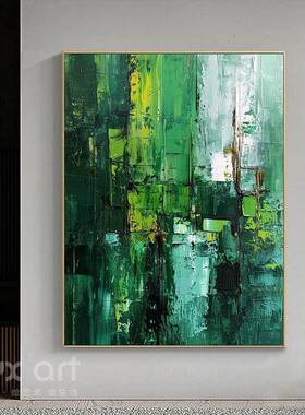 Y顺丰HX.绘油画手《绿韵光痕绿色轻奢抽象画玄关画》客FUN厅背景