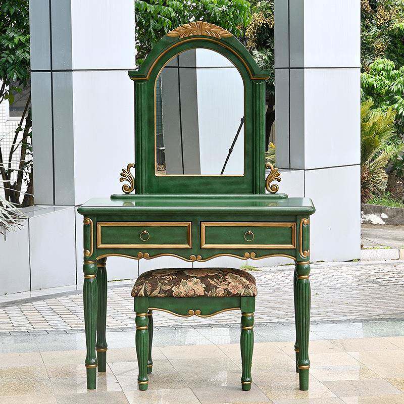 欧式梳妆台实木DJI简约奢桌华1美式乡村化妆凳复古带镜子祖绿米母