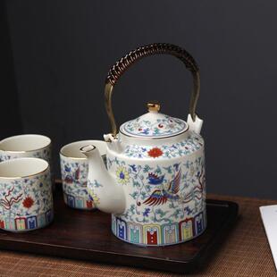 斗彩瓷茶壶中式大梁号提壶qinghua-温陶水壶民宿家泡用办公茶青花