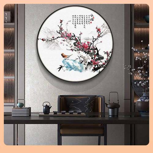 ?喜上梅形眉中式圆梢装饰画花图客厅玄F767T56J关挂画LED灯画卧室