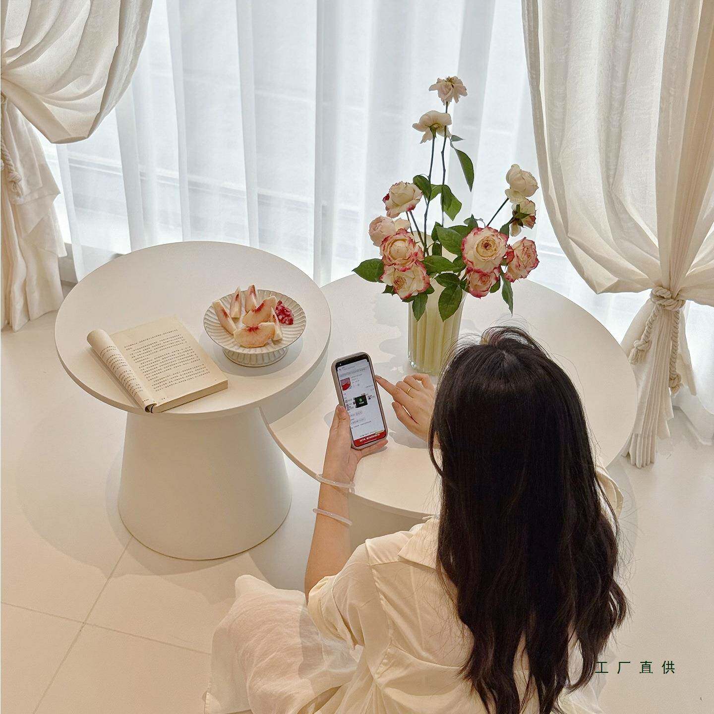 白色奶油风用客厅茶几组边合网红户款现代简约小型YUV圆家形几小