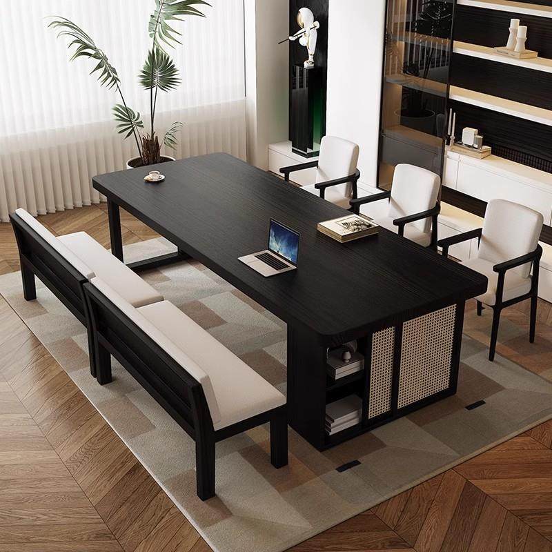 黑色实习木书402桌书柜桌一体学办公工作台大板桌去全客厅化长条