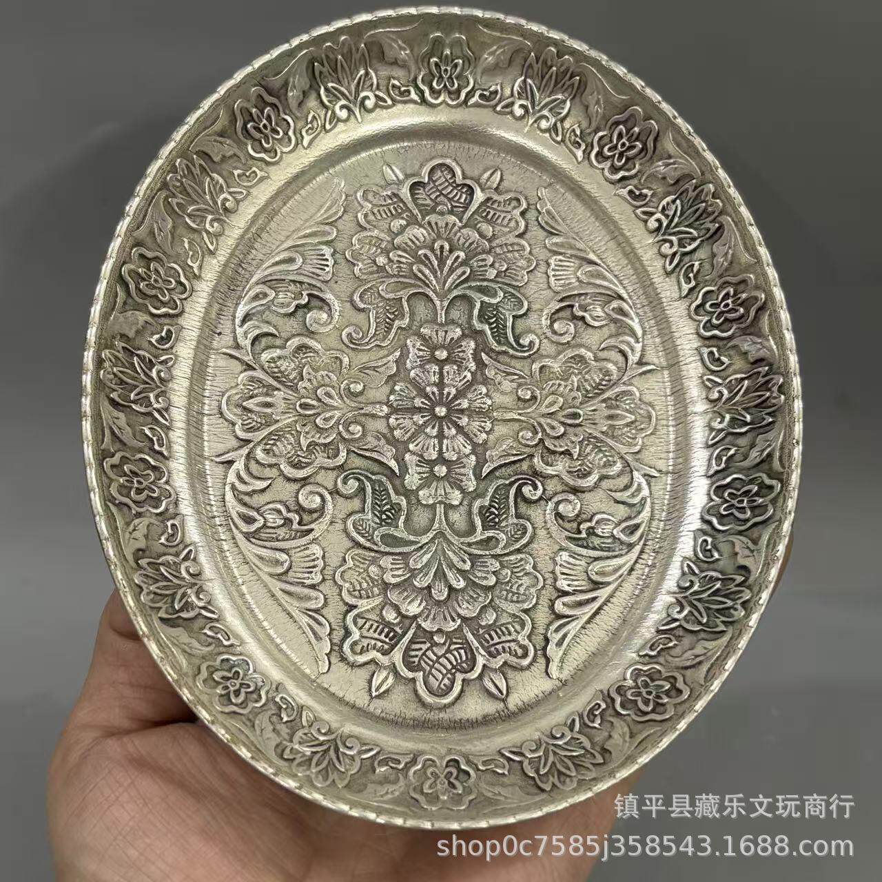 古玩铜器白铜镀银花盘收藏仿古铜盘子花开富贵复古盘子工艺品