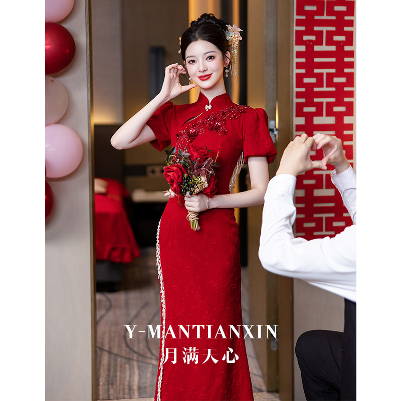 新中式旗袍敬酒服2024新款新娘蕾丝订婚礼服高级感红色鱼尾连衣裙
