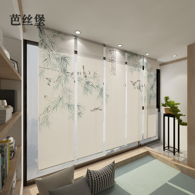 新中式窗帘遮光屏风卷帘手拉售楼处酒店装L饰半透明挂式布艺软隔