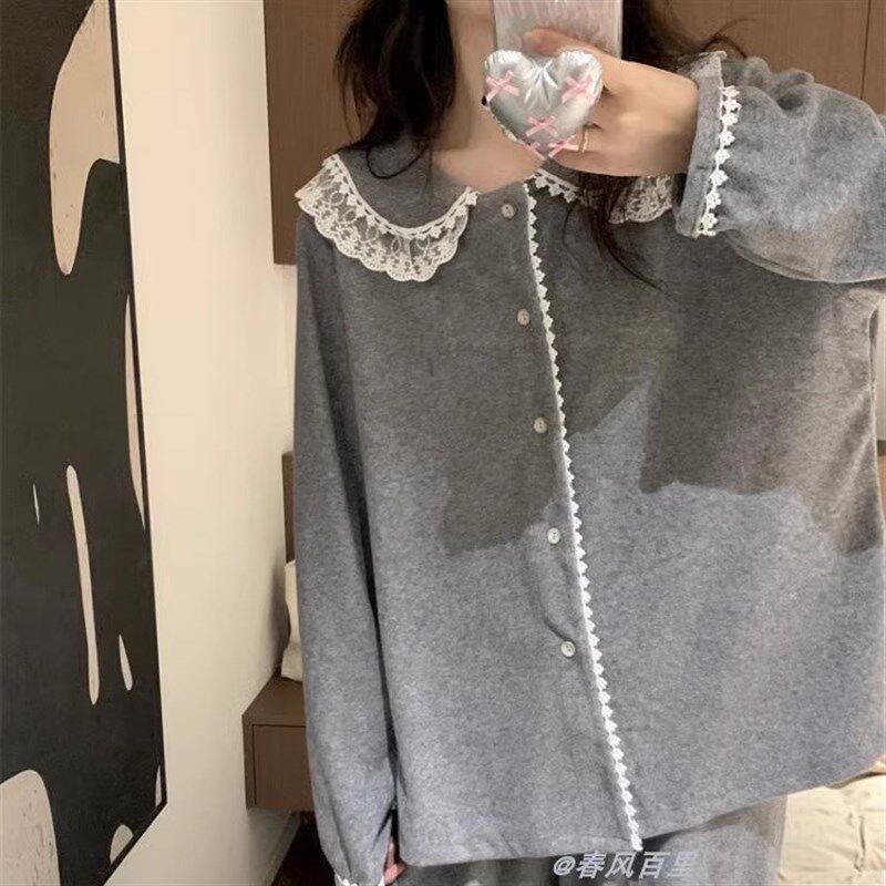 日系德绒简约花边睡衣女长袖韩版秋冬甜美加厚宽松学生家居服套装