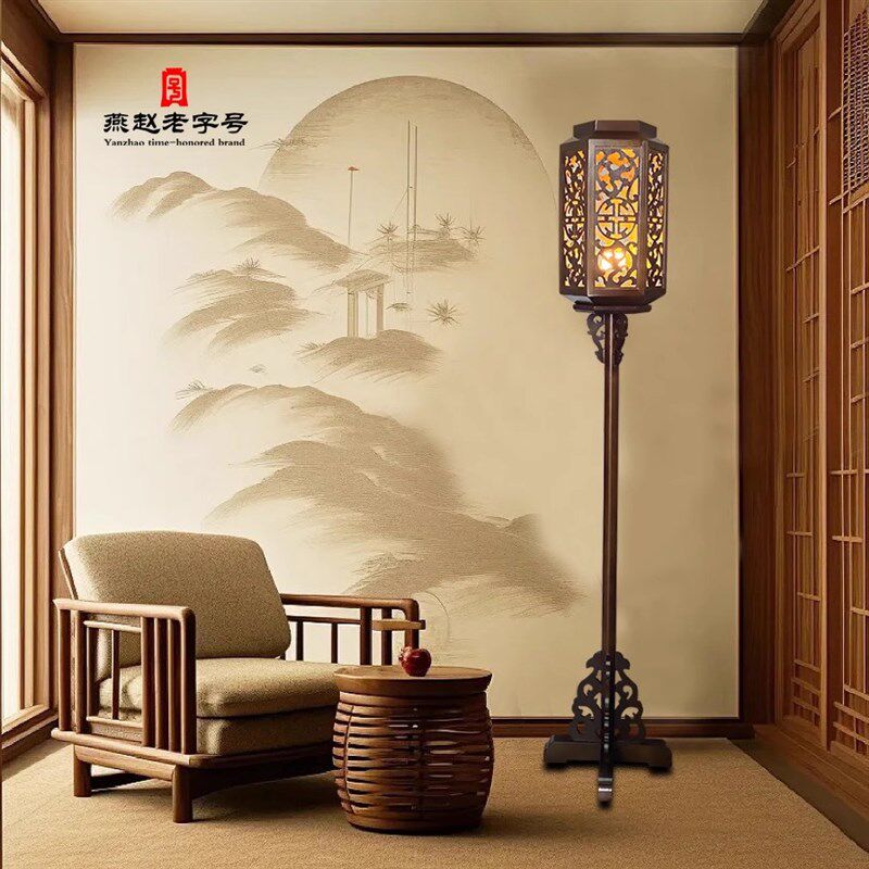 中式落地宫灯花架灯落地摆件实木彷古旧明清古典茶楼摄影场景道具