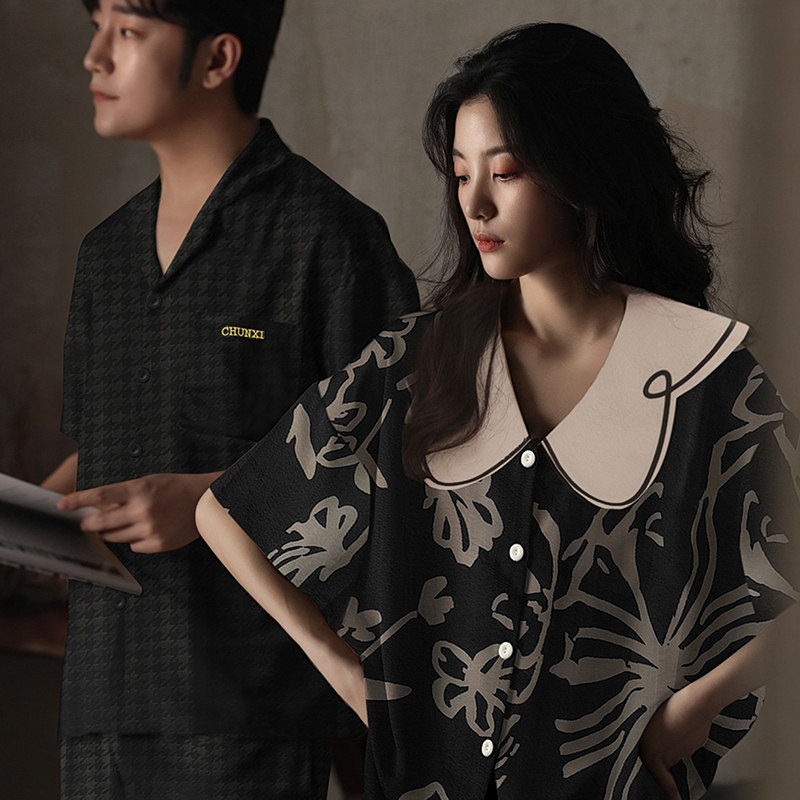 情侣睡衣女夏季冰丝短袖家居服薄款大码青年男居家服休闲夏天套装