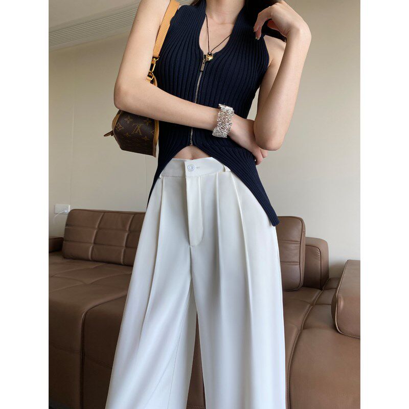 白色西装裤女夏季薄款高腰垂感冰丝阔腿裤宽松休闲直筒裤子女春秋