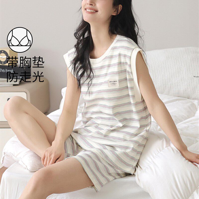 女式胸垫睡衣,夏季纯棉带袖背心,夏季女士可穿条纹无袖家装套装