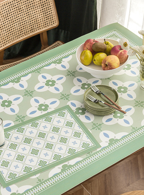 绿色几何皮革桌垫k防水防油免洗桌布长方形餐桌布茶几桌布简约现