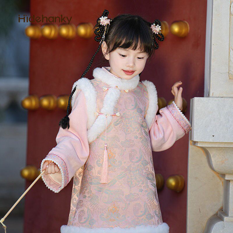 丢手绢童装拜年服女童粉色旗袍连衣裙新中式儿童过年战袍冬装加绒