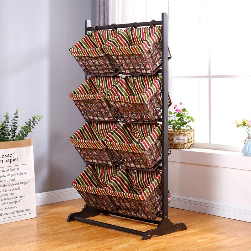 实木置物架卧室客j厅家用落地吊篮整理架多层藤编布艺储物架收纳