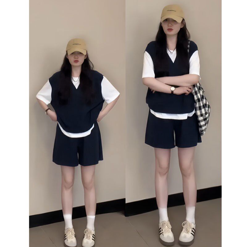 设计感假两件短袖运动套装女夏季学生宽松跑步短裤休闲两件套韩版