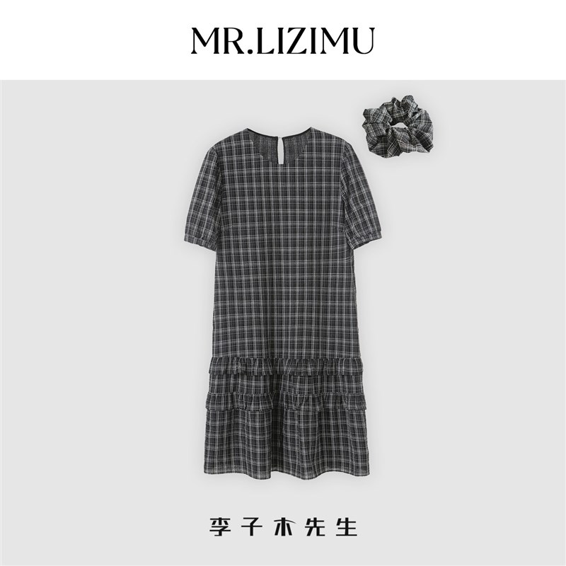 李子木夏季圆领格子短袖连衣裙女新款宽松休闲百搭拼接中长款裙子