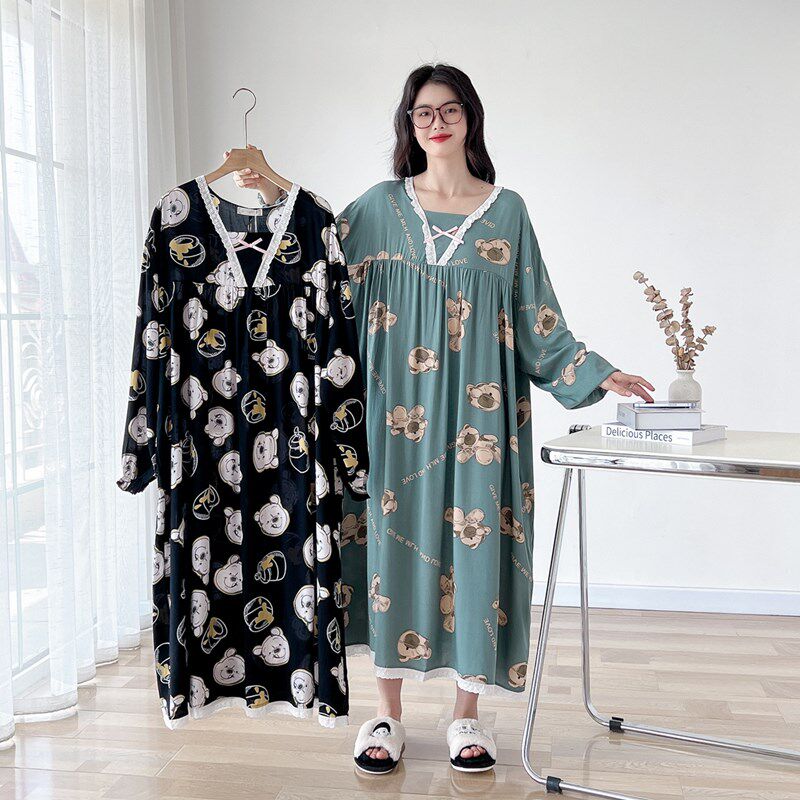 公主风甜美花边加长大码睡裙女胖mm200斤春秋棉绸孕妇睡衣家居服