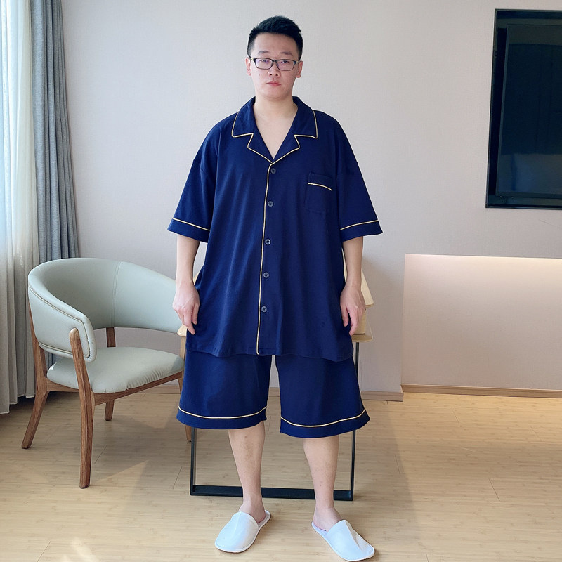 男士睡衣夏季半袖纯棉开扣薄款加大码休闲简约夏天全棉家居服套装