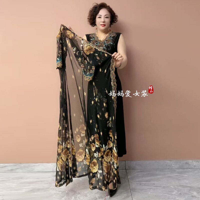 高端夏季新款绣花镶钻妈妈长款防晒外披+背心连衣裙气质两件套装