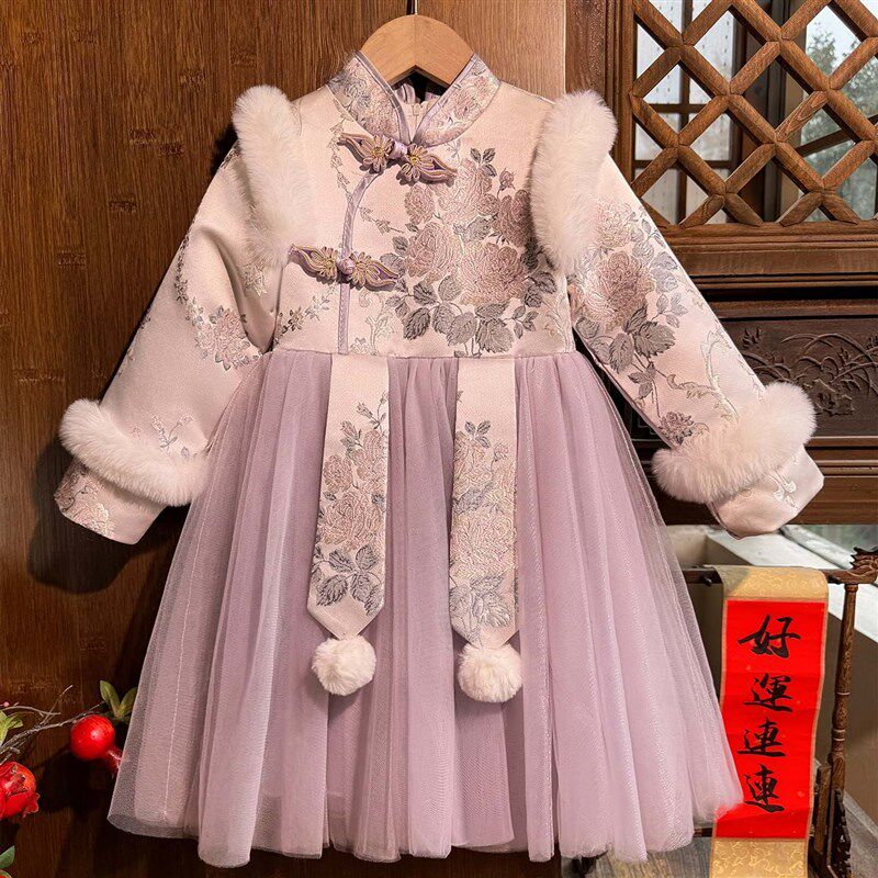 女童旗袍裙加绒女孩中国风连衣裙冬装2025新款儿童唐装汉服公主裙
