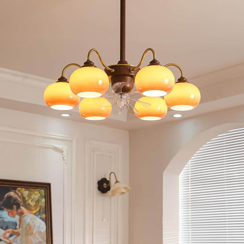 色古风客中厅吊灯风扇灯美431式复古焦糖卧室柿子灯摇头电一体吊