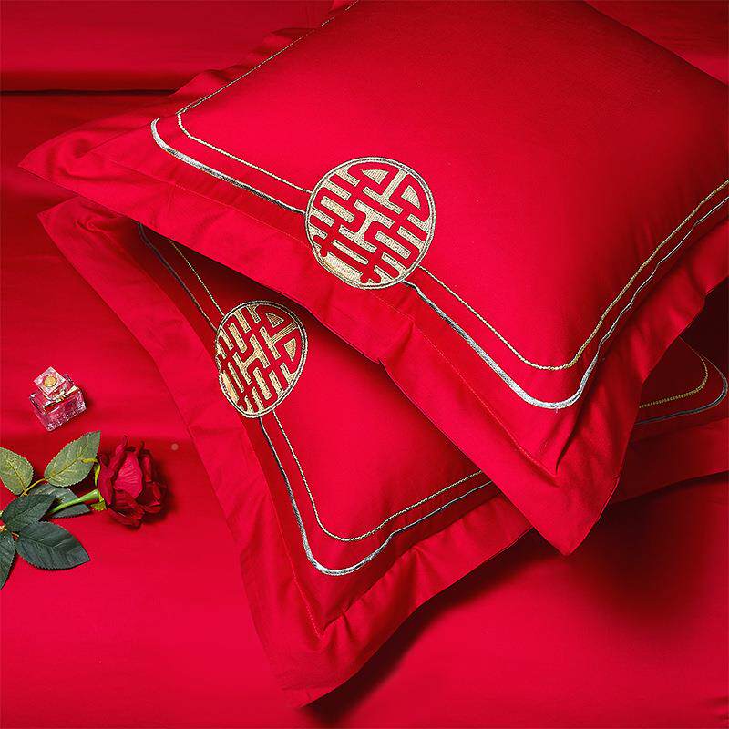 结红床上抱枕婚庆婚芯纯棉绣花靠垫枕套中式红色tb-62828喜抱枕大