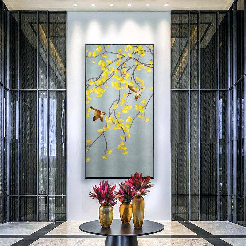 院里花开庭工笔花鸟饰画SQ院里花竖版有框画新装中式挂画国画家居