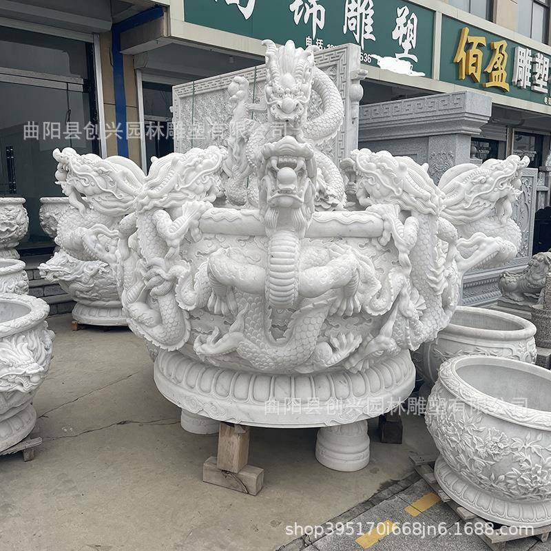 汉雕白玉龙缸养雕龙圆缸石九壁龙水缸养花鱼水池155别墅门海造景