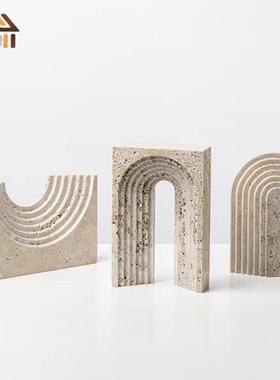 新中式客厅大理石拱门摆件现代黄洞石ltao6779几何拱形关玄酒居柜