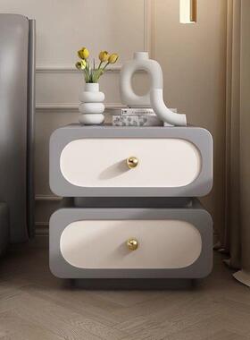 极简奢实木床头柜简约现代法式奶轻边风储物油柜黑色皮SYL质床柜