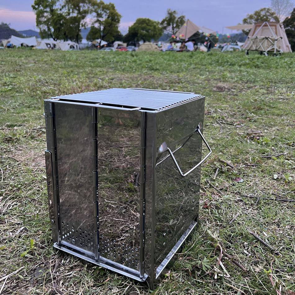 火户外露营HG313柴炉不锈钢折叠烧炉便携烤加厚取暖炉四方形木炭