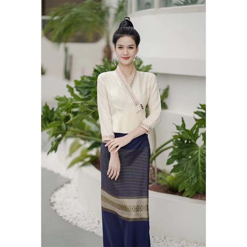 云南旅游西双版纳玉家人傣装民族服饰修身中式茶服新中式国风女装