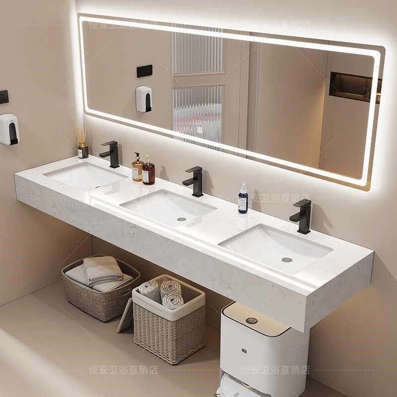 简约公共卫生间洗漱洗脸盆大理石双盆浴室柜组合大尺寸洗手台定制