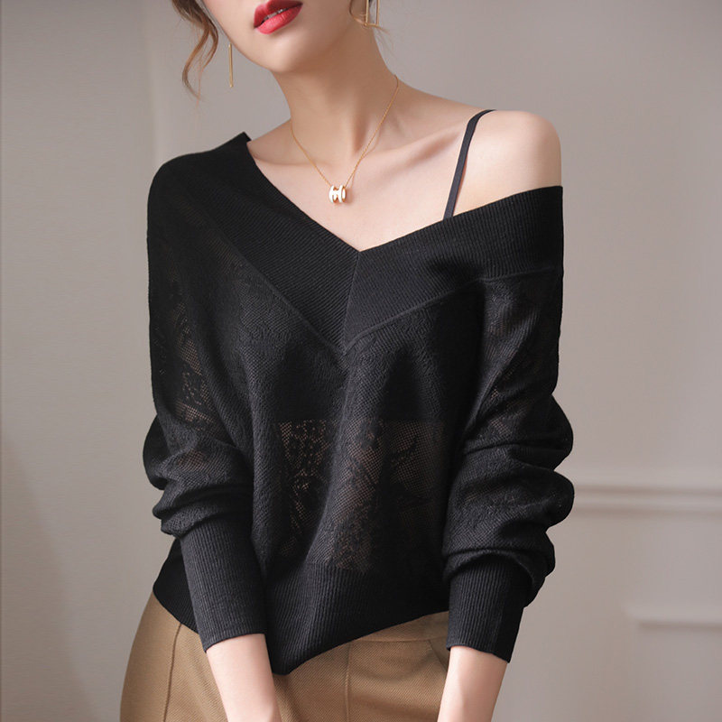 针织衫薄款女春秋v领长袖法式镂空上衣韩版宽松打底衫慵懒风毛衣