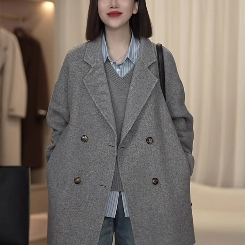 灰色高级感双面毛呢外套女秋冬新款韩版肌理感小个子中长款大衣潮