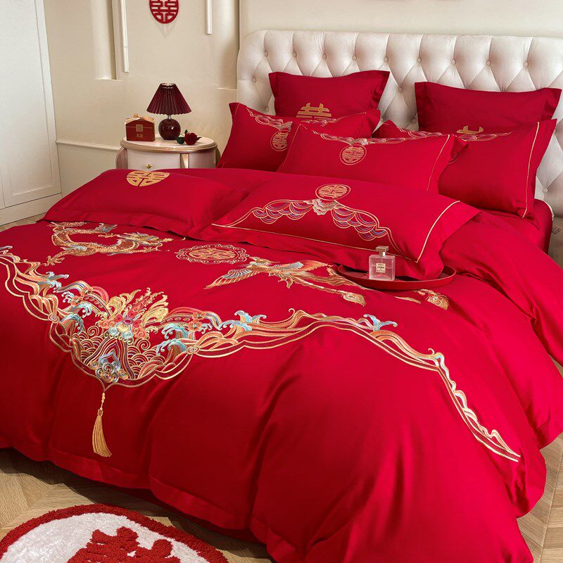 中式结婚床上用品四件套红色龙凤刺J绣被套罩婚庆喜被备婚